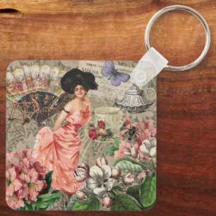 Coffee Lady Victorian Woman Pink Rich Gown Keychain