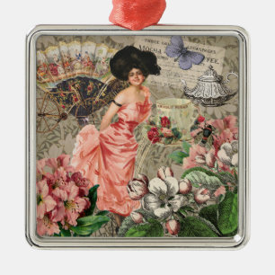 Coffee Lady Victorian Woman Pink Rich Gown Metal Ornament