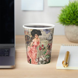 Coffee Lady Victorian Woman Pink Rich Gown Paper Cups