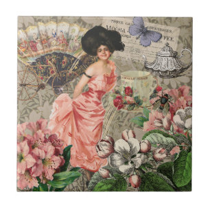 Coffee Lady Victorian Woman Pink Rich Gown Tile