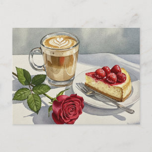 Coffee Latte Cheesecake Strawberry Rose Postcard