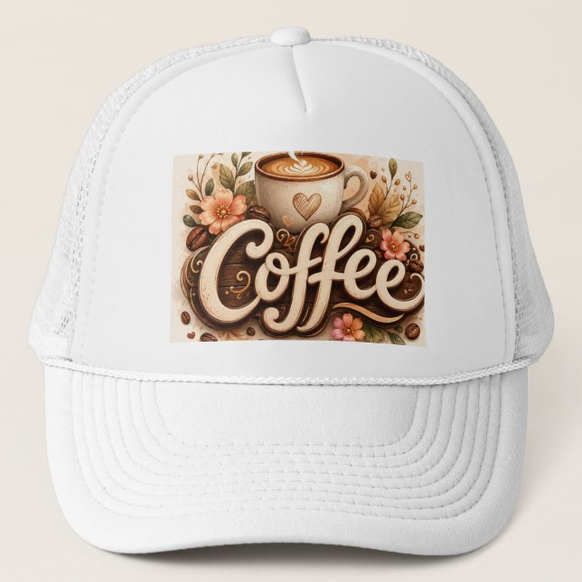 Coffee Love Floral Trucker Hat (Front)