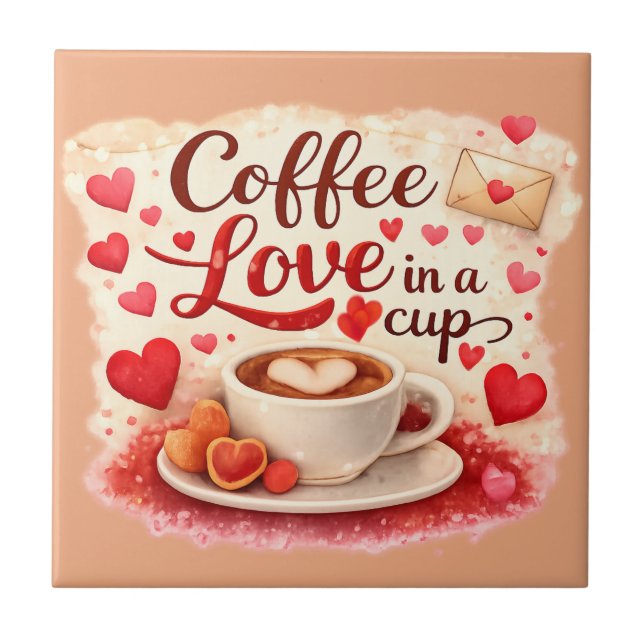 Coffee Love in a Cup Valentine Soft Brown Tile (Front)