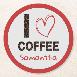 Coffee Lover Custom Name Coffee Bean Design Round Paper Coaster