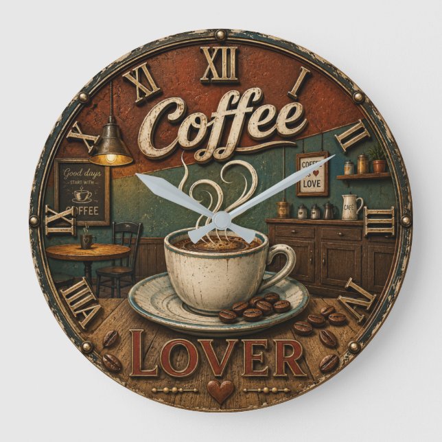 Coffee Lover Rustic Shop  Large Clock (Front)