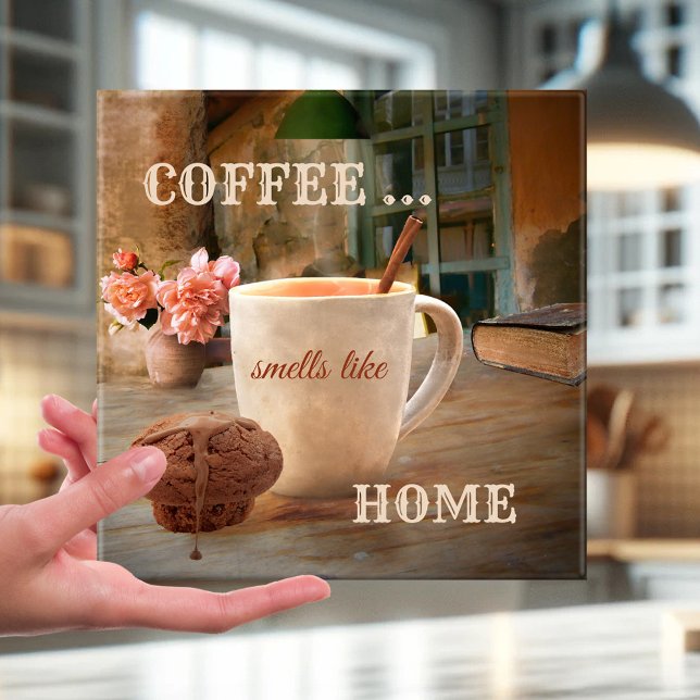 Coffee Lover Vintage Art Kitchen Tile (Vintage tile featuring a painting of a kitchen table with coffee, muffin, flowers and a book - home)
