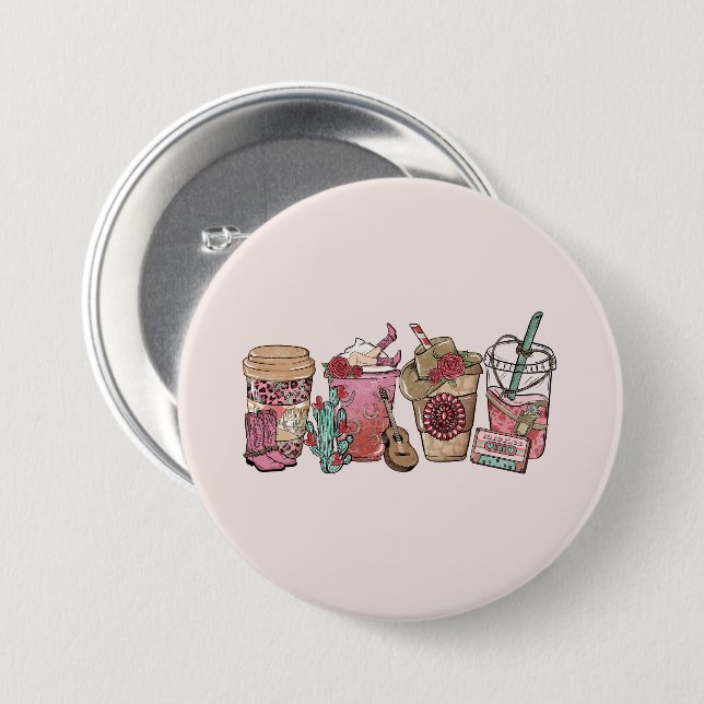 Coffee Lover Western Cowboy Theme 3 Inch Round Button (Front & Back)