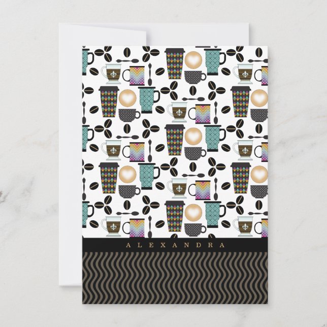 Coffee Lovers Mugs, Cups & Beans Pattern Note Card (Front)