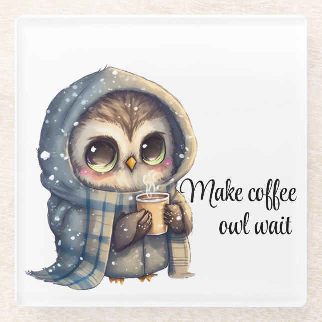 Coffee Lovers Owl Glass Coaster (Front)