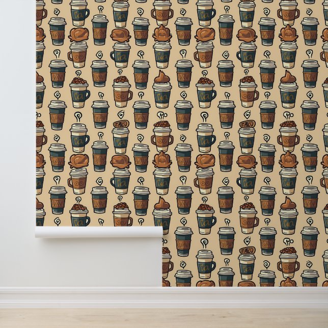Coffee Lovers Paradise: Retro To-Go Cups Pattern Wallpaper (Application)