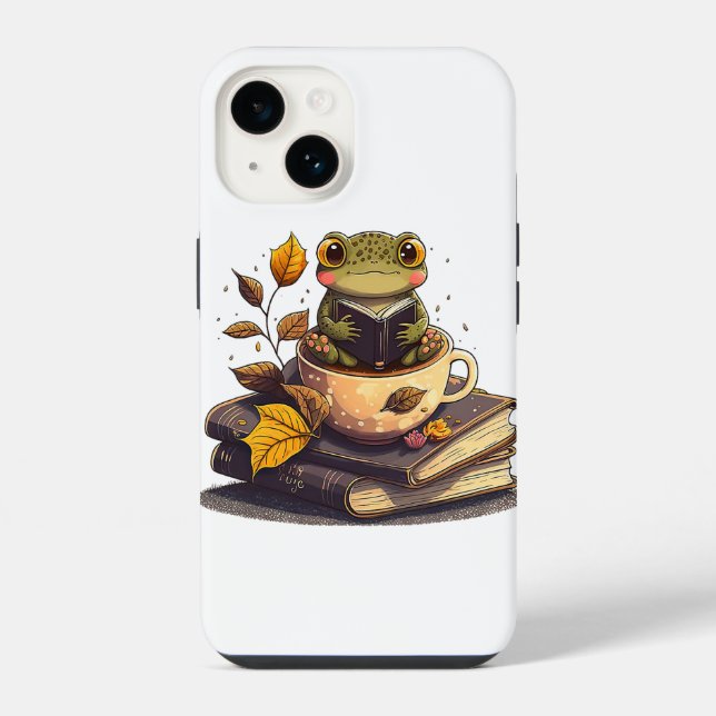 Coffee-Loving Frog Reading Books  iPhone Case (Back)