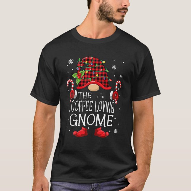 Coffee Loving Gnome Buffalo Plaid Matching Family T-Shirt (Front)