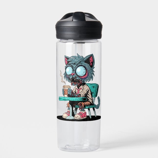 Coffee Loving Zombie Cat Water Bottle (Front)