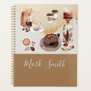 Coffee Maker cup bean watercolor with name script Planner