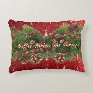 Coffee Makes Me Merry Bean Text Red Silver Glitter Accent Pillow