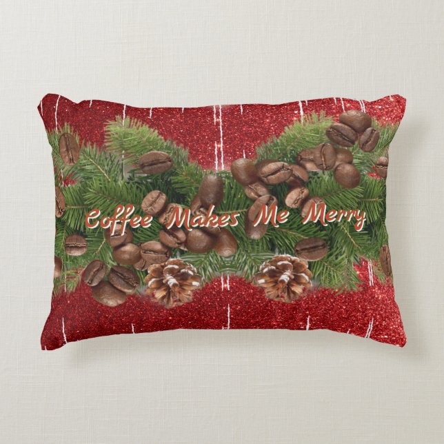 Coffee Makes Me Merry Bean Text Red Silver Glitter Accent Pillow (Front)