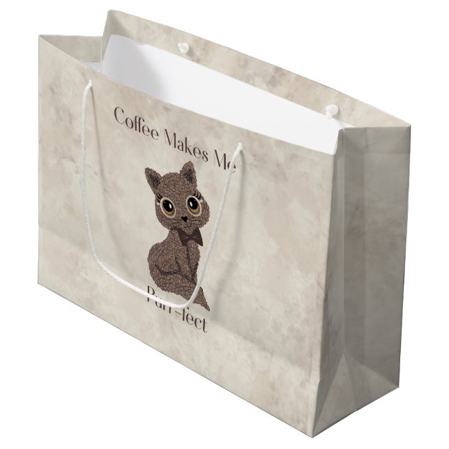 Coffee Makes Me Purr-fect-Coffee Bean-Cat- Medium Large Gift Bag (Front Angled)