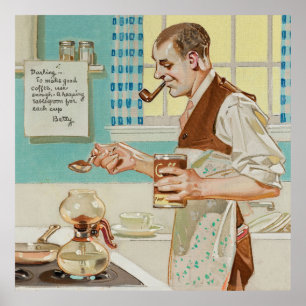 Coffee, Man Making Coffee, Retro Vintage Wall Art
