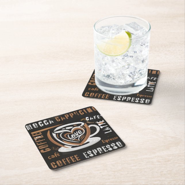 Coffee Mocca Cappucino Esspreso Cafe'Latte Square Paper Coaster (Insitu)