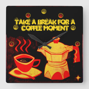 COFFEE MOMENT /Red Yellow Coffee cup and coffeepot Square Wall Clock