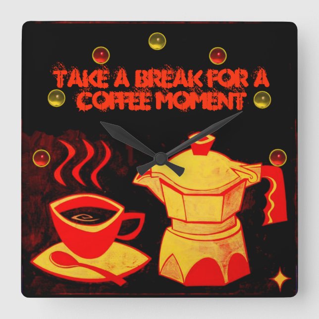 COFFEE MOMENT /Red Yellow Coffee cup and coffeepot Square Wall Clock (Front)