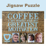 Coffee motivation 4 photo brown blue jigsaw puzzle<br><div class="desc">Start your day with joy and connection with this customizable 4-photo jigsaw puzzle! Featuring the heartfelt phrase "Coffee and my family are my greatest motivation, " this puzzle is perfect for coffee lovers and family enthusiasts alike. Personalize it with your favourite photos to make it uniquely yours—a perfect mix of...</div>