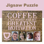 Coffee motivation 4 photo brown pink jigsaw puzzle<br><div class="desc">Start your day with joy and connection with this customizable 4-photo jigsaw puzzle! Featuring the heartfelt phrase "Coffee and my family are my greatest motivation, " this puzzle is perfect for coffee lovers and family enthusiasts alike. Personalize it with your favourite photos to make it uniquely yours—a perfect mix of...</div>