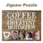Coffee motivation 4 photo brown white jigsaw puzzle<br><div class="desc">Start your day with joy and connection with this customizable 4-photo jigsaw puzzle! Featuring the heartfelt phrase "Coffee and my family are my greatest motivation, " this puzzle is perfect for coffee lovers and family enthusiasts alike. Personalize it with your favourite photos to make it uniquely yours—a perfect mix of...</div>