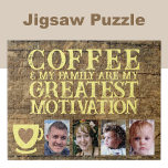 Coffee motivation 4 photo brown yellow jigsaw puzzle<br><div class="desc">Start your day with joy and connection with this customizable 4-photo jigsaw puzzle! Featuring the heartfelt phrase "Coffee and my family are my greatest motivation, " this puzzle is perfect for coffee lovers and family enthusiasts alike. Personalize it with your favourite photos to make it uniquely yours—a perfect mix of...</div>