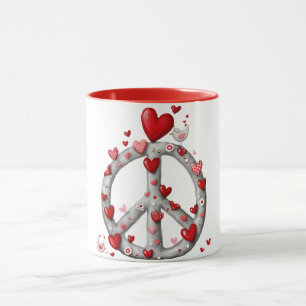 Coffee mug design of the peace sign with hearts