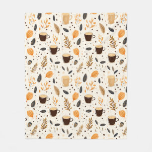 Coffee Mug Theme with Leaves Fleece Blanket
