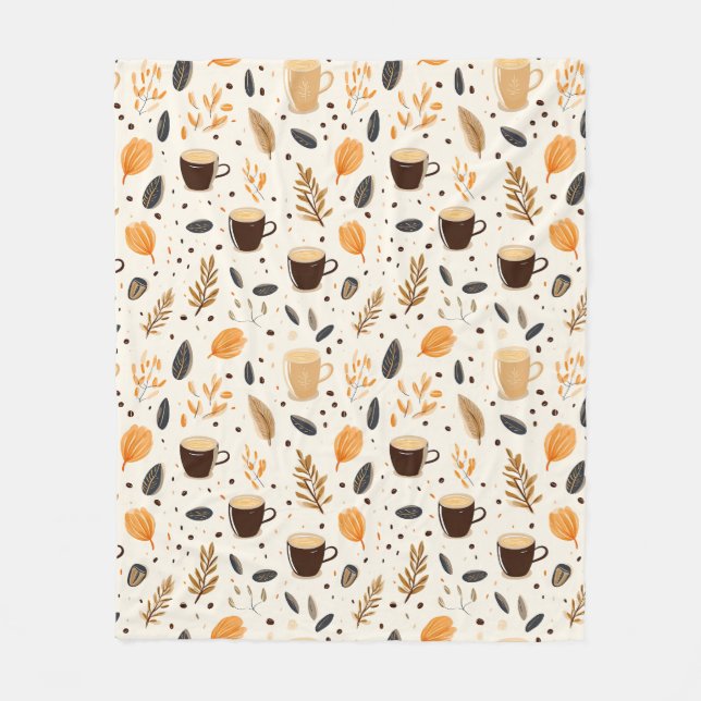 Coffee Mug Theme with Leaves Fleece Blanket (Front)