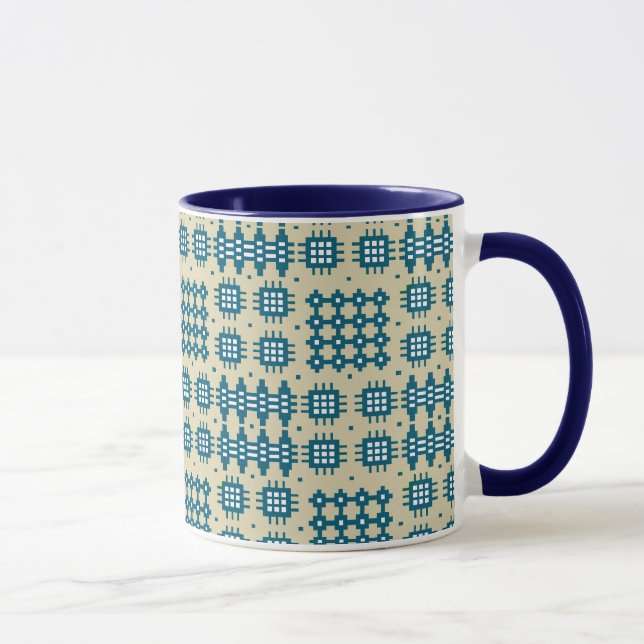Coffee Mug: Welsh Tapestry Pattern, Navy on Taupe Mug (Right)