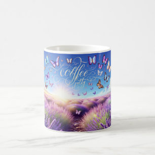 Coffee mug with butterflies over lavender field