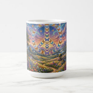 Coffee mug with colourful night view of peace sign