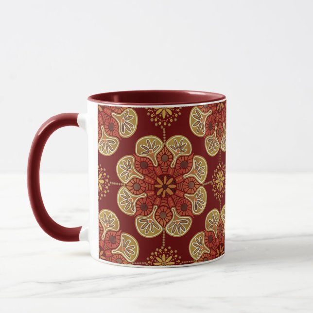  Coffee Mug with medallions ochre on wine (Left)