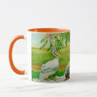 Coffee mug with pelicans, birds, zoo animals