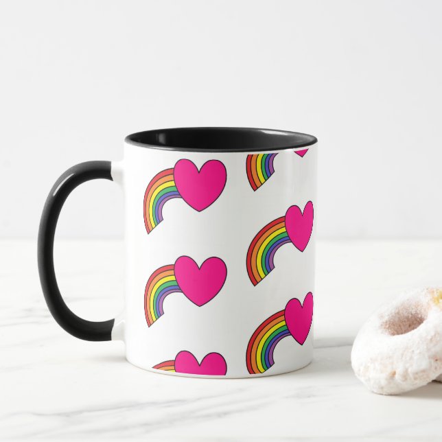 Coffee Mug With Rainbows and Hot Pink Hearts (With Donut)