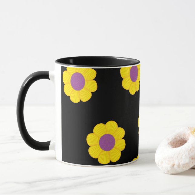 Coffee Mug With Yellow Flowers on Black Background (With Donut)