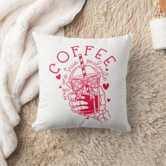 Coffee My One True Soulmate Red Skeleton Hand  Throw Pillow