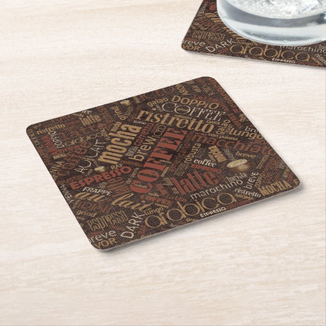 Coffee on Burlap Word Cloud Brown ID283 Square Paper Coaster (Angled)