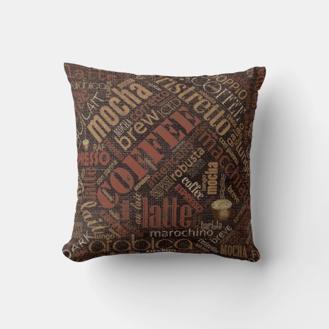 Coffee on Burlap Word Cloud Brown ID283 Throw Pillow (Front)