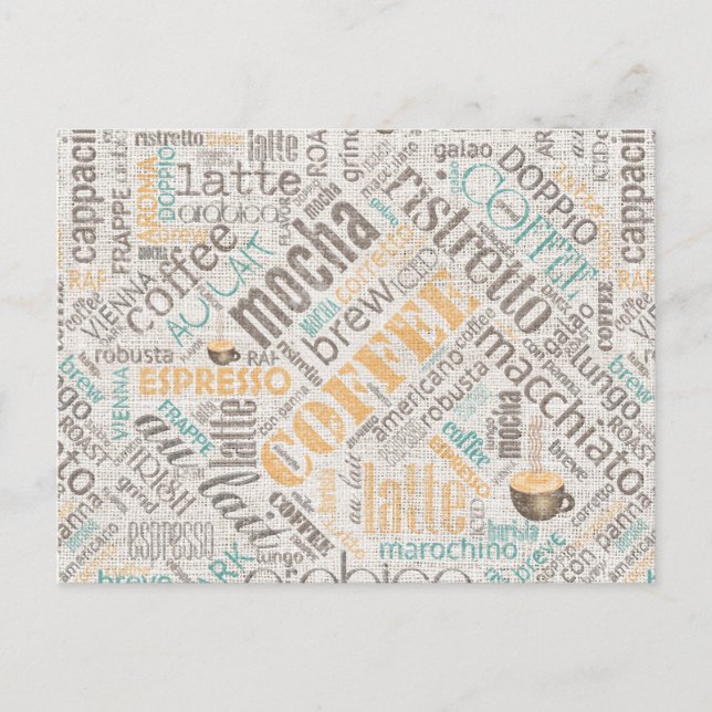 Coffee on Burlap Word Cloud Teal ID283 Postcard (Front)