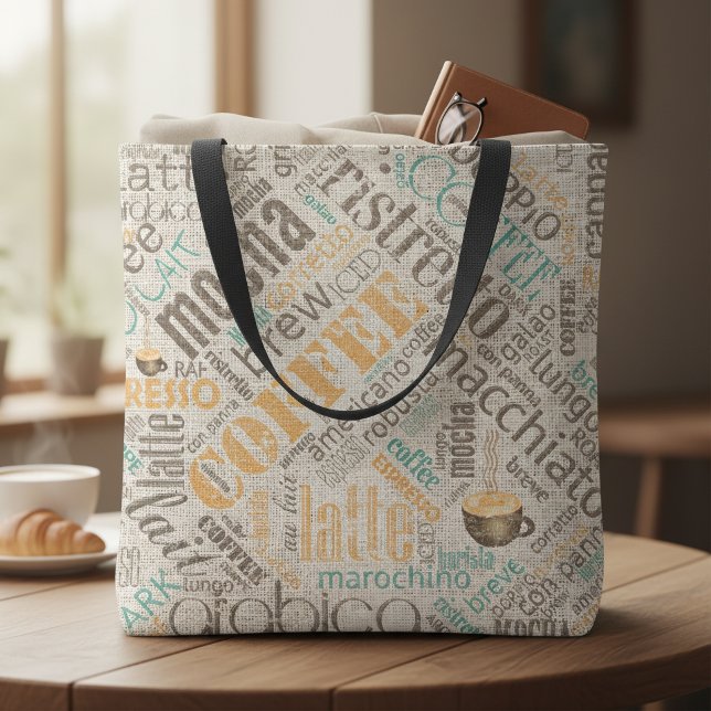 Coffee on Burlap Word Cloud Teal ID283 Tote Bag (Creator Uploaded)