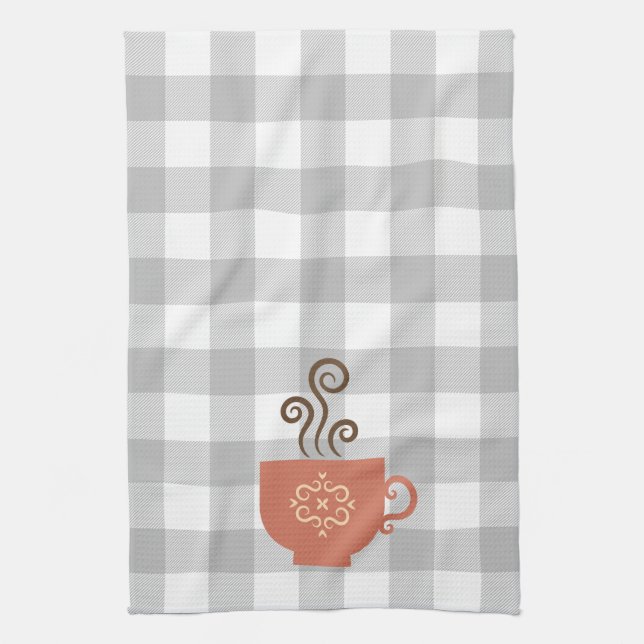 Coffee or Tea Cup on Grey Buffalo Plaid Kitchen Towel (Vertical)