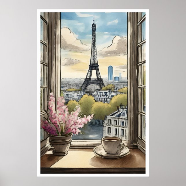Coffee over Paris and the Eiffel Tower Poster (Front)