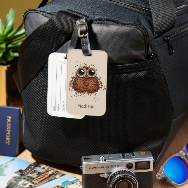 Coffee Owl custom name Luggage Tag (Front & Back)