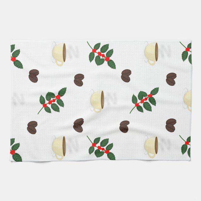 Coffee Pattern with Beans, Cups, and Coffee trees Kitchen Towel (Horizontal)