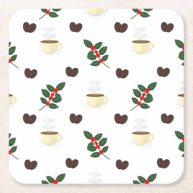 Coffee Pattern with Beans, Cups, and Coffee trees Square Paper Coaster (Front)
