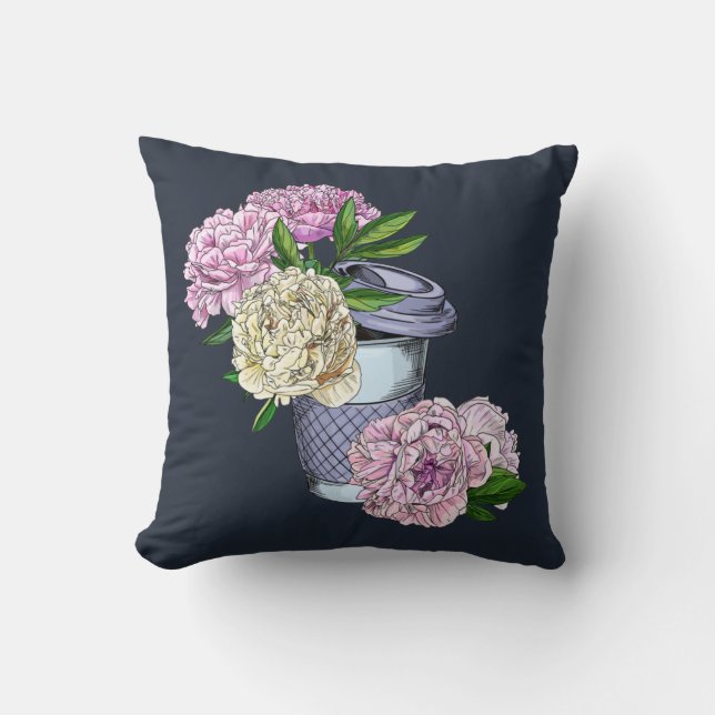 Coffee & Peonies Throw Pillow (Front)